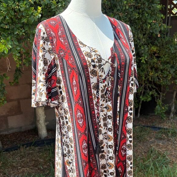NWOT Show Me Your MuMu Red White Gold Black Patterned Dress Lace up Tassels - Picture 3 of 7